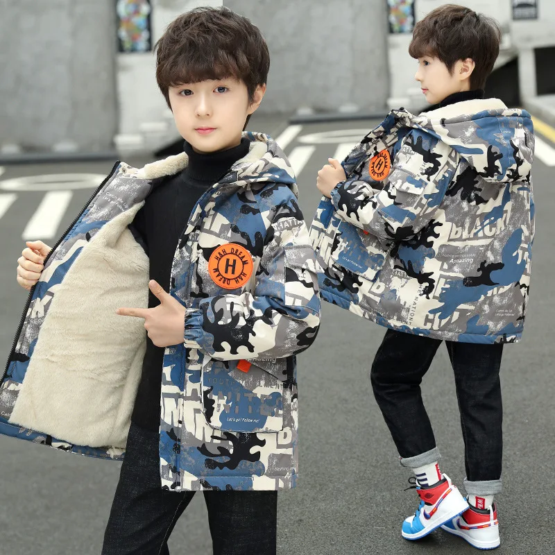 

Boys' Cotton Padded Clothes Winter Plush Thickened Coats Korean Medium and Long Children's Cotton Coat Winter Velvet Parkas