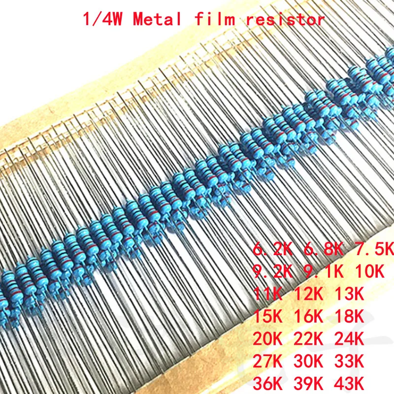 

100pcs 1/4W Metal Film Resistor 1% 6.2K 6.8K 7.5K 8.2K 9.1K 10K 11K 12K 13K 15K 16K 18K 20K 22K 24K 27K 30K 33K 36K 39K 43K Ohm