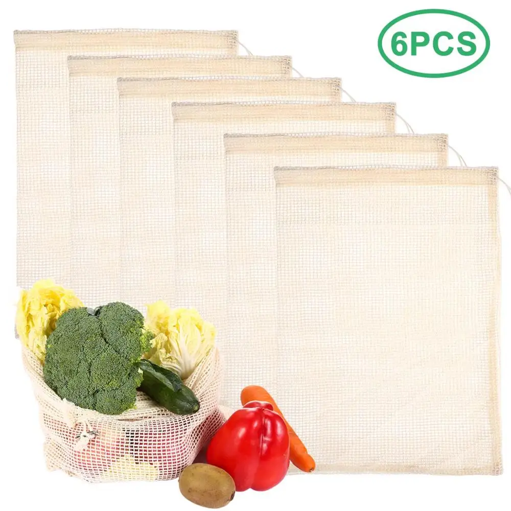 6pcs 14 шт. 6 шт. многоразовые хлопковые сумки для производства сетчатых овощей Кухонные моющиеся сумки для хранения фруктов и продуктов с Кулиской - Цвет: 6pcs