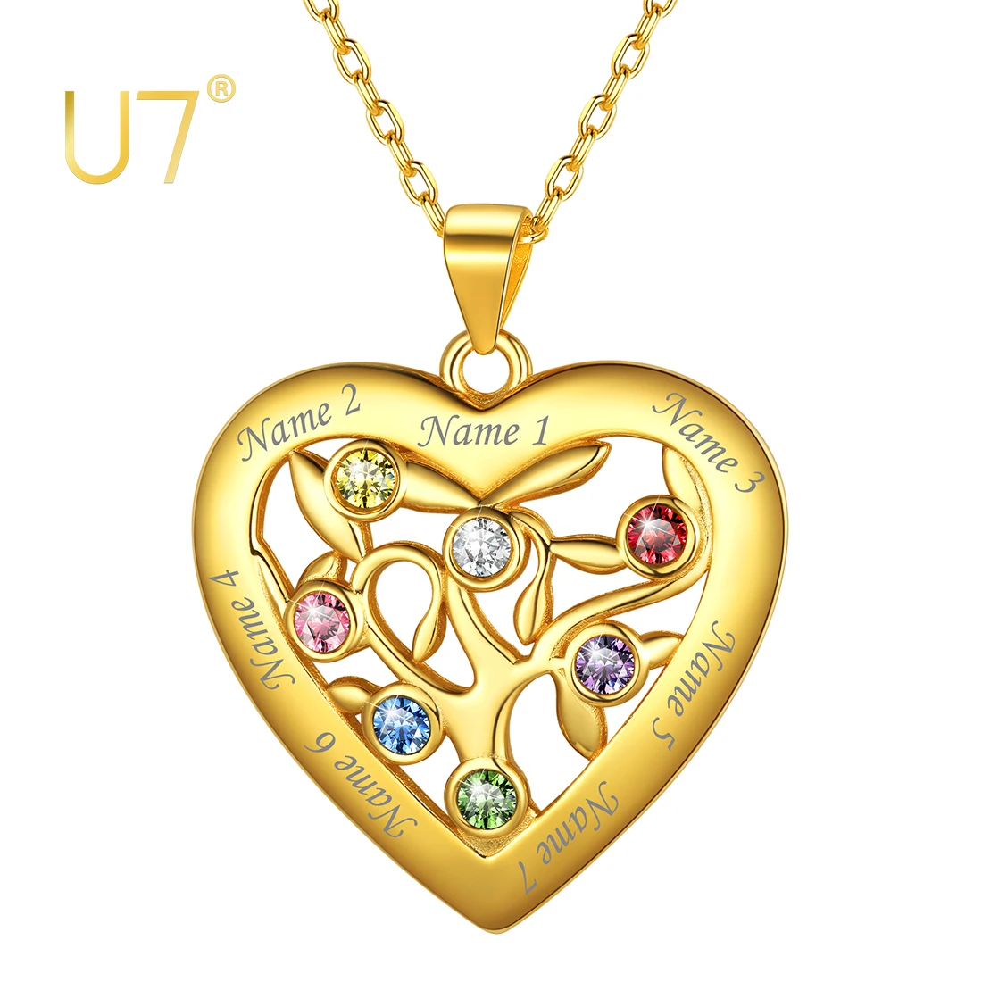 

U7 Tree of Life Necklace Heart Shape 925 Sterling Silver Jewelry Pendant 2-7 Names Engraved Birthstones Family Friend Gifts