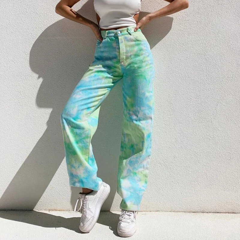 

Fashion Tie Dye Women Jeans Streetwear High Waist Straight Denim Pants Oversized Baggy Wide Leg Trousers Ladies Broeken Dames
