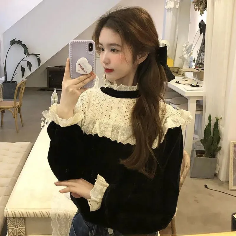 

Hollow Crochet Lace Sweatshirt Women 2021 Spring Autumn Turtleneck Vintage Korean Pullovers Y2K Elegant Shirt Lady Outwear Tops