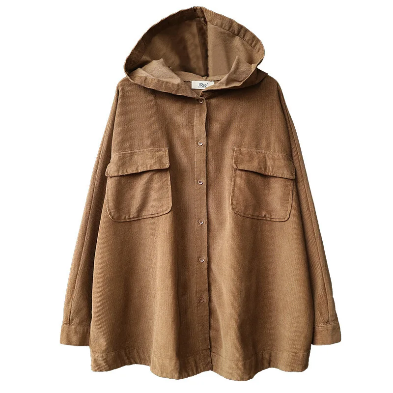 Женская Вельветовая куртка с капюшоном Повседневная Свободная короткая длинным