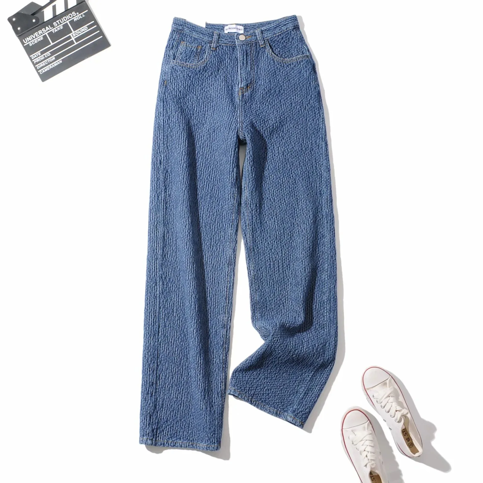 

TVVOVVVIN Korean Female Long Knitted Jeans 2021 Spring New Fashion Women's High Waist Loose Wide Leg Pants YYSY
