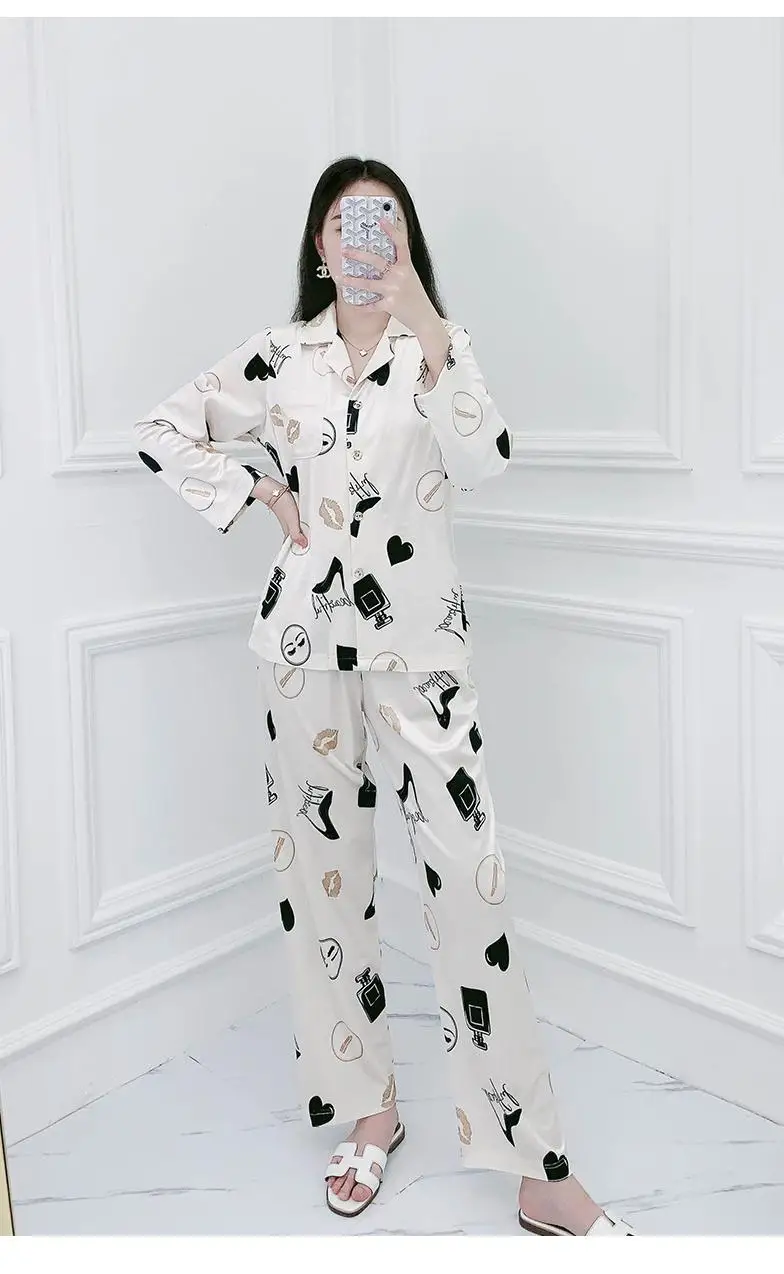 

Autumn 2PCS Shirt&Pant Velour Pajamas Set Sexy Print High Heels Perfume Lady Pyjamas Sleepwear Nightwear Lounge Home Wear