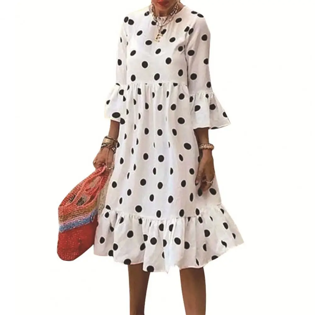 Винтажное женское платье миди с круглым вырезом высокой талией и рукавом 3/4 в