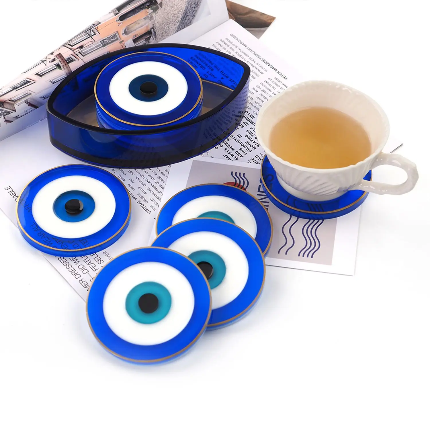 

New DIY Shiny Epoxy Nazar Blue Eyes Jealous Eye Shape Demon Coaster Storage Box Set Silicone Resin Mold