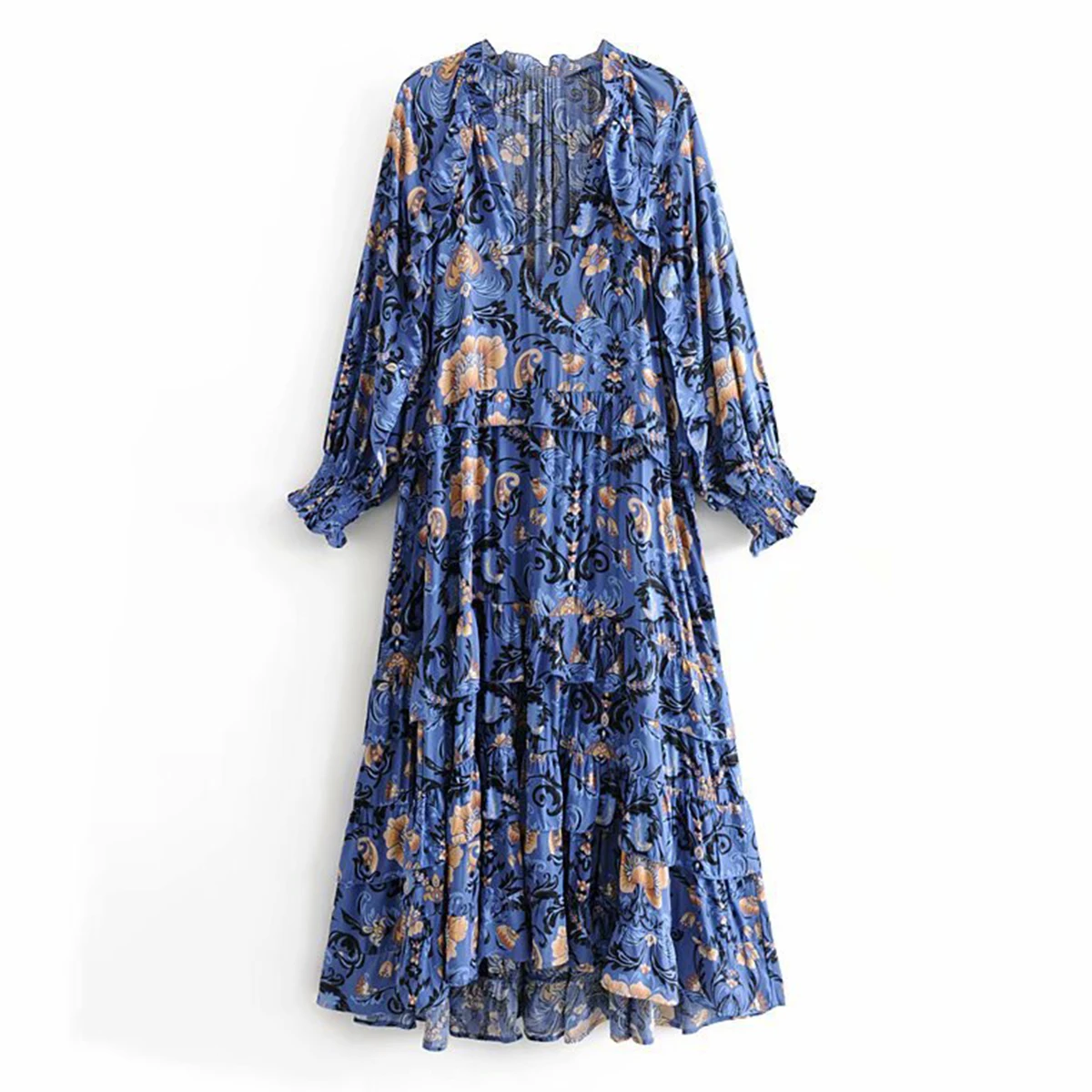 Женское шикарное платье-миди в стиле бохо синее платье с цветочным принтом и