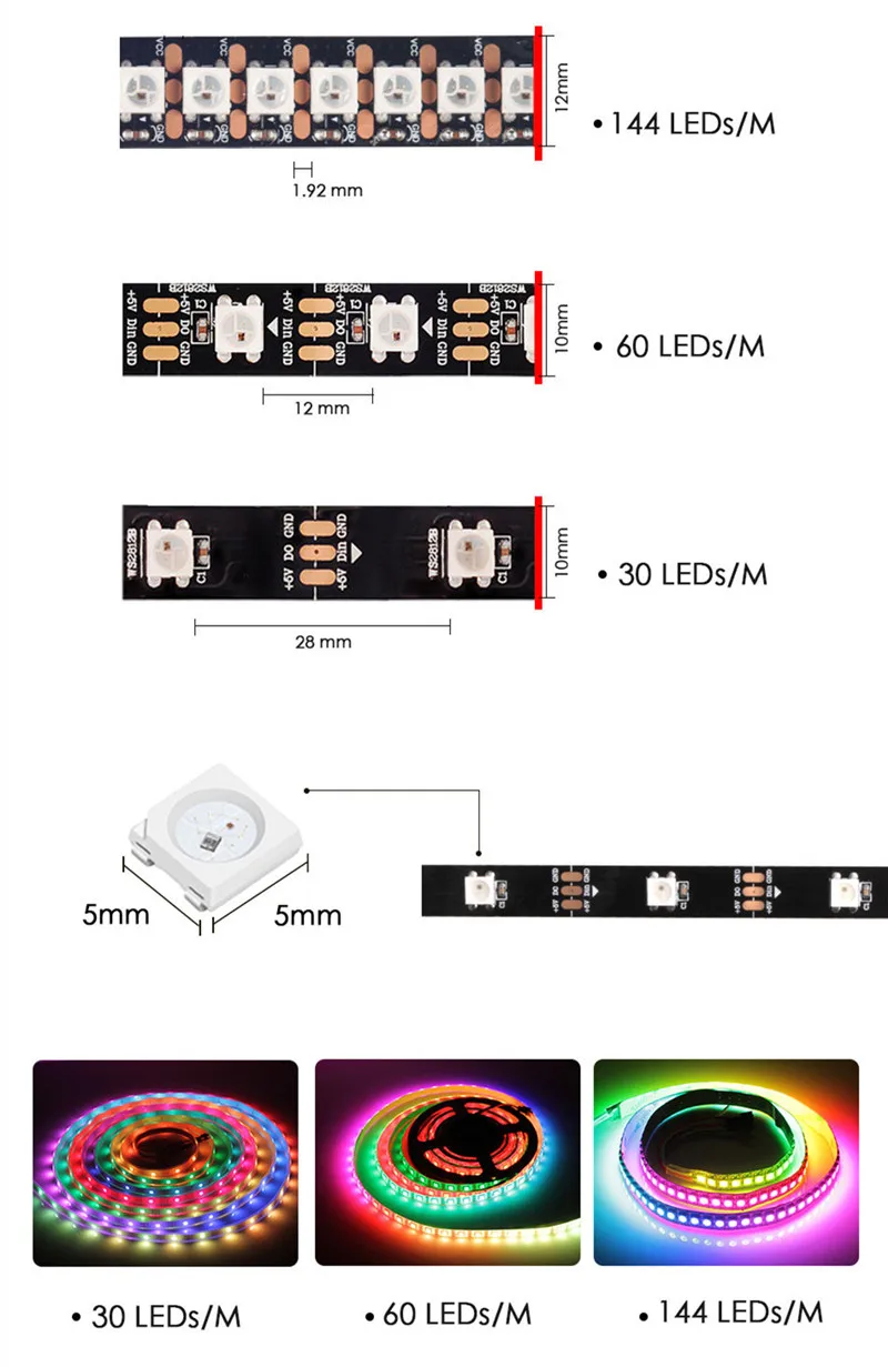 WS2812B Светодиодные ленты RGB ленты 30/60/144 светодиодный s/М ws2812 индивидуально адресуемых ФИТА полосы для ПК ambi светильник неоновый светильник DC 5V