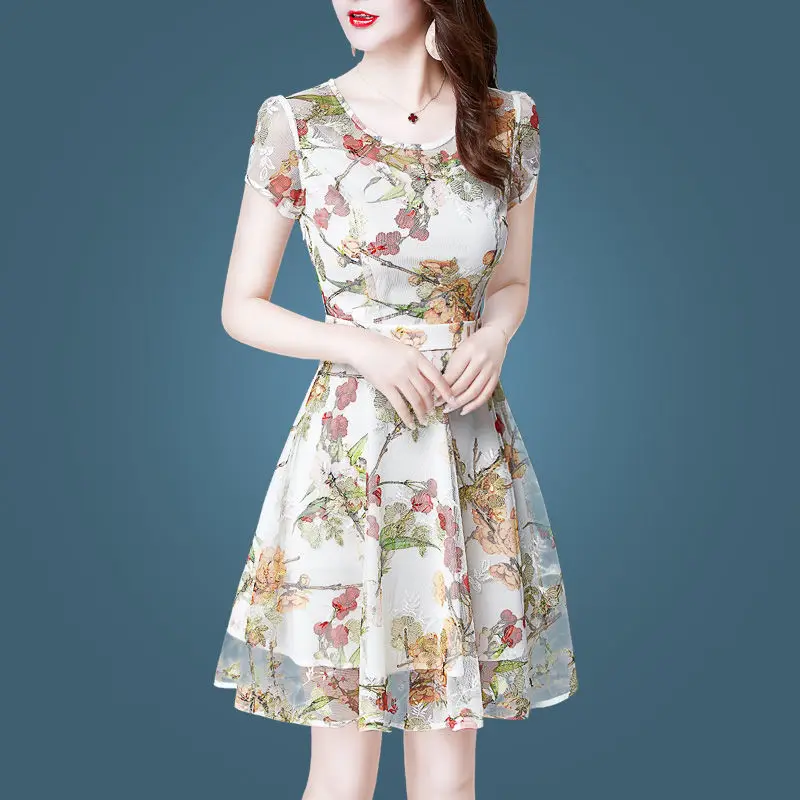 

Женское шифоновое платье с вышивкой, приталенное винтажное праздничное платье до колен с круглым вырезом и коротким рукавом, Y924, лето 2022