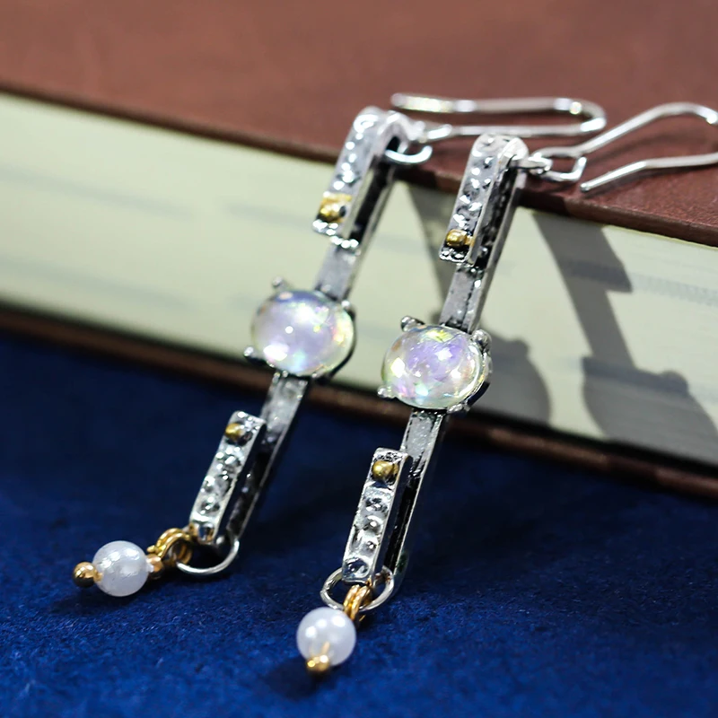 Женские длинные серьги-капельки с опалом и жемчугом винтажные ручной работы Z4D400 |