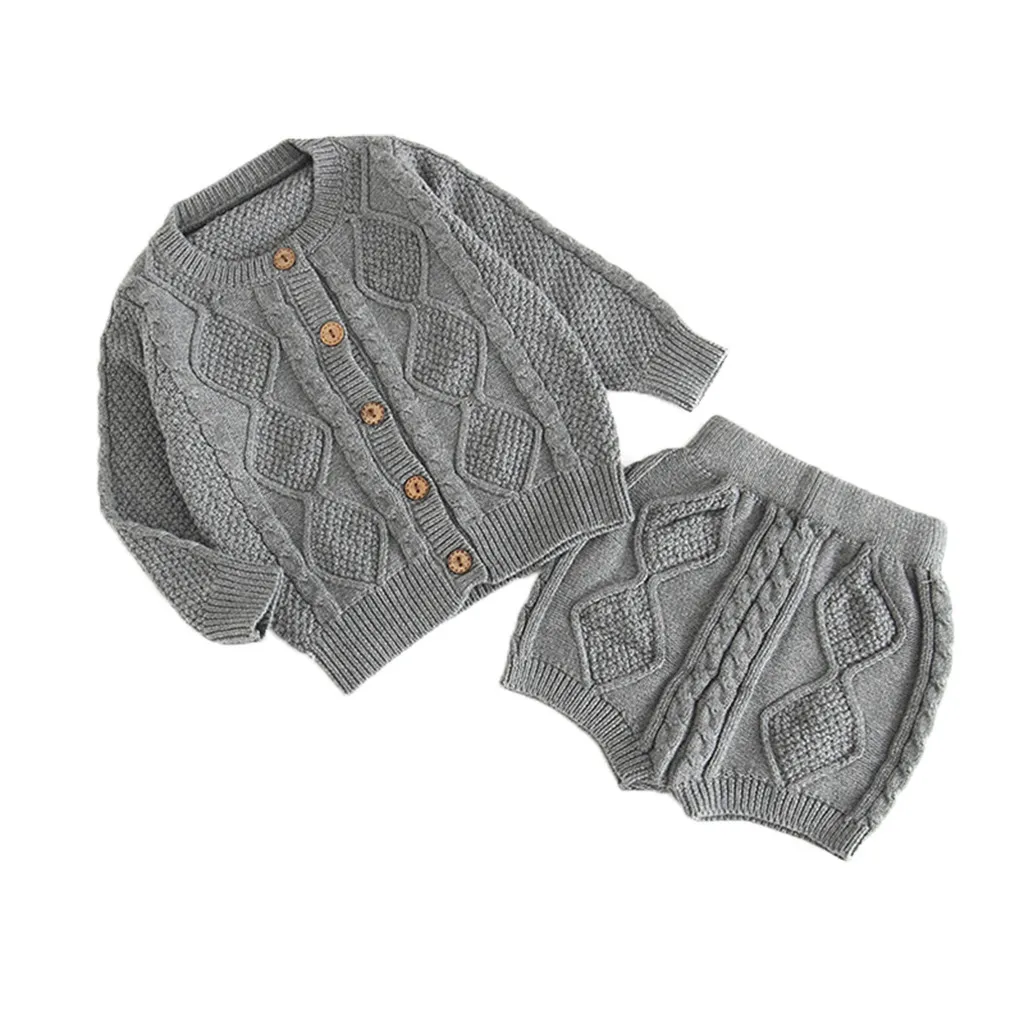 01 0-24M Knitting Girls Clothing Sets Pure Cotton Knit Suit Long Sleeved Jacket Shorts Two Pieces Girls Clothes Girls Clothing Sets - Color: 01