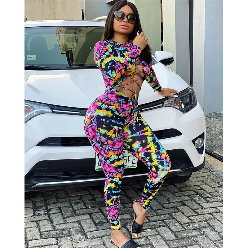 

Jumpsuits 2021 Hot Sexy Women Hollow Out Lace-up One-piece Bodysuit Clubwear Streetwear Long Sleeve Bodycon Floral Print Rompers