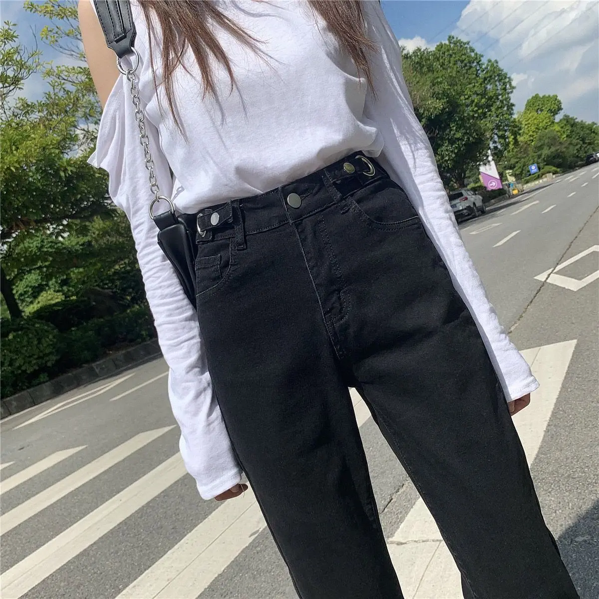 

Spring and summer black straight tube new jeans Korean version loose high waist slim versatile small Capris