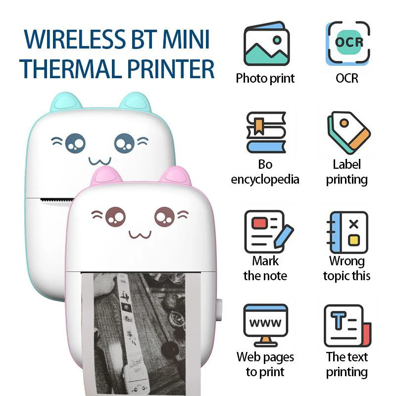 

Mini Portable Thermal Label Printer Paper Photo Pocket Printer Fast Printing Wireless Bluetooth Android IOS Printers Kids Gift