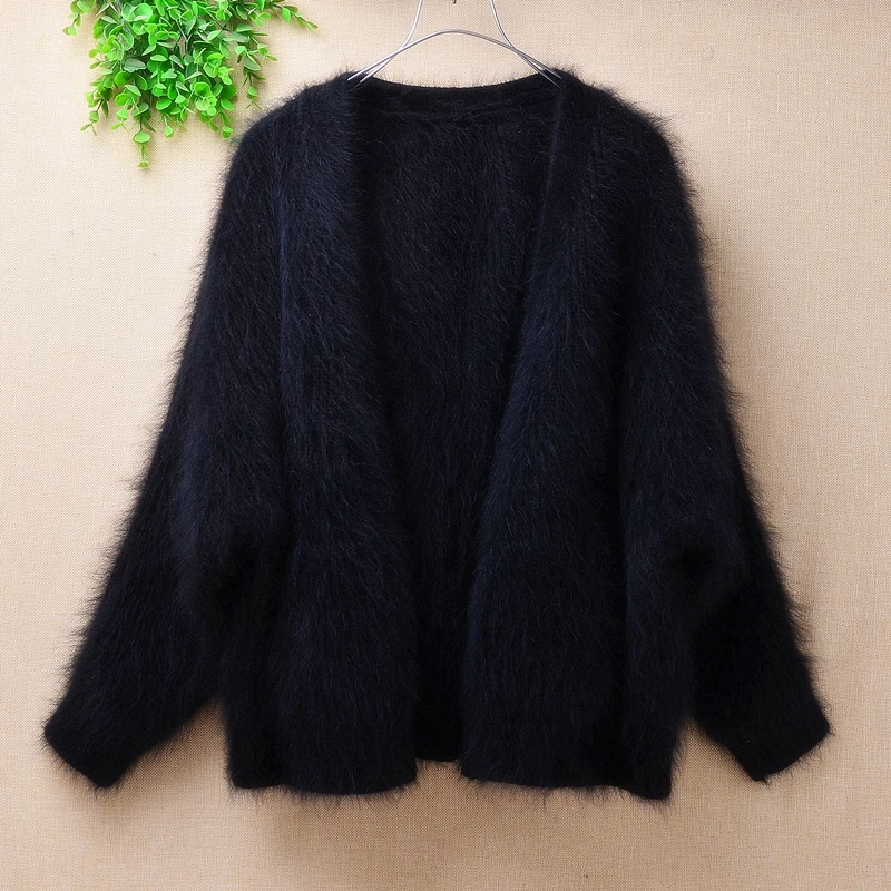 

ladies women fashion hairy winter short fuzzy mink cashmere knitted long batwing sleeve v-neck cardigans angora fur jacket coat