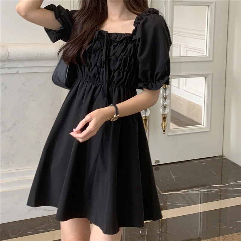 

Summer Dress 2021 New Design French square neck Bubble Sleeve Dress Small Lori dress summer Mini A-line pure black casual dress