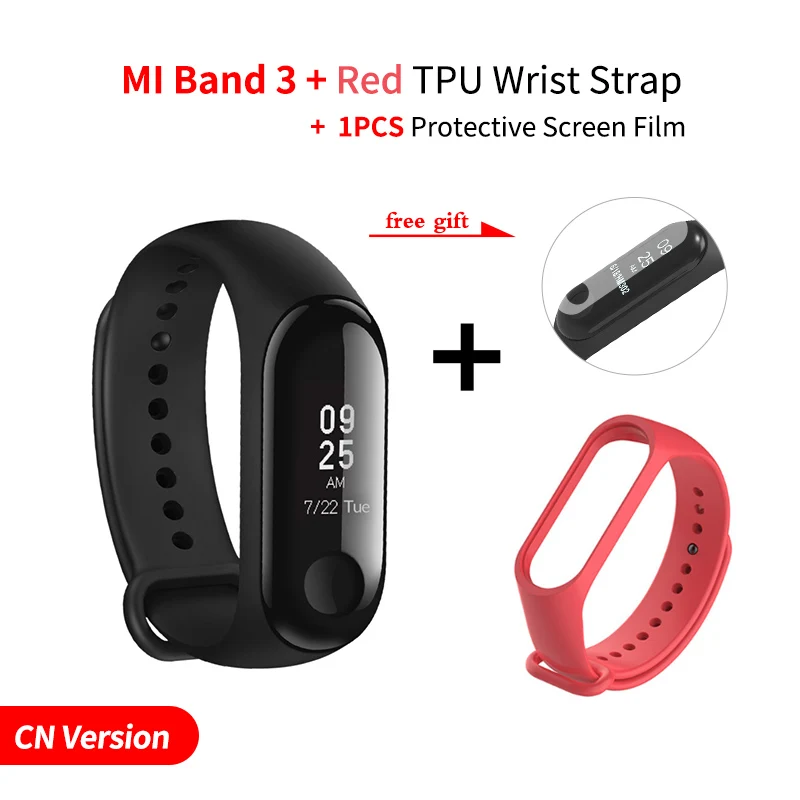 Add Red Strap Xiaomi Mi-браслет 3, умный Браслет, фитнес-браслет, сенсорный экран, OLED, частота сердечных сокращений, смарт-браслет, глобальная версия - Цвет: Add Red Strap