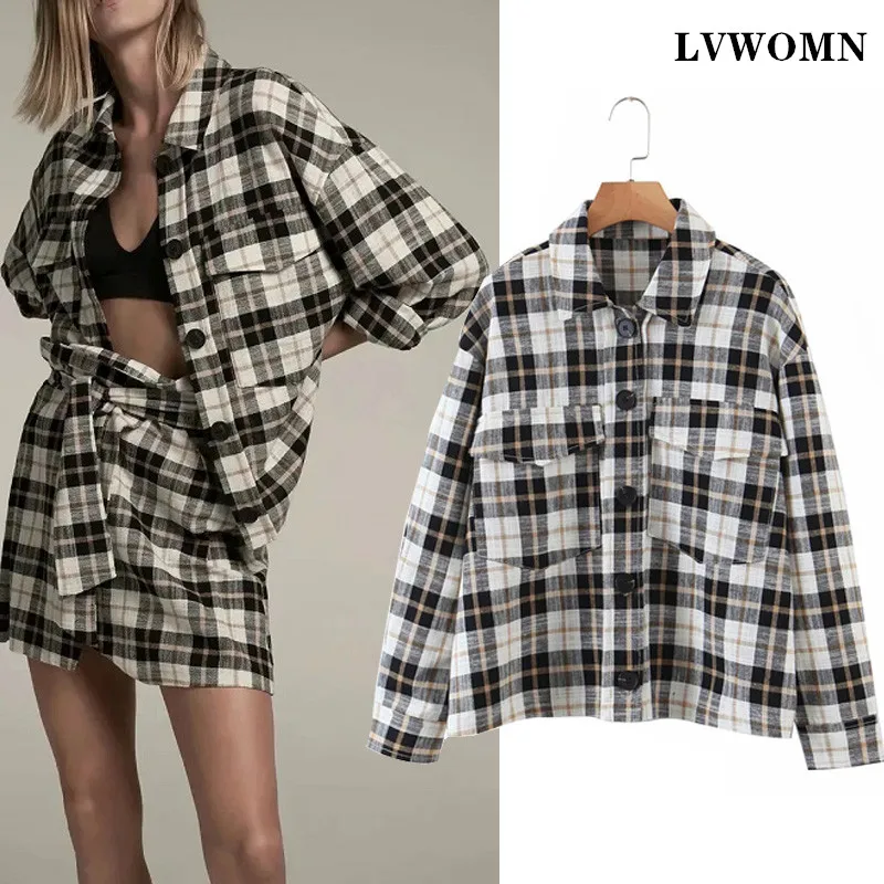 

LVWOMN Za Women Blouses 2021 Vintage Plaid Loose Shirt Lapel Long Sleeve Button Top Spring Street Plus Size Casual Tops Pocket