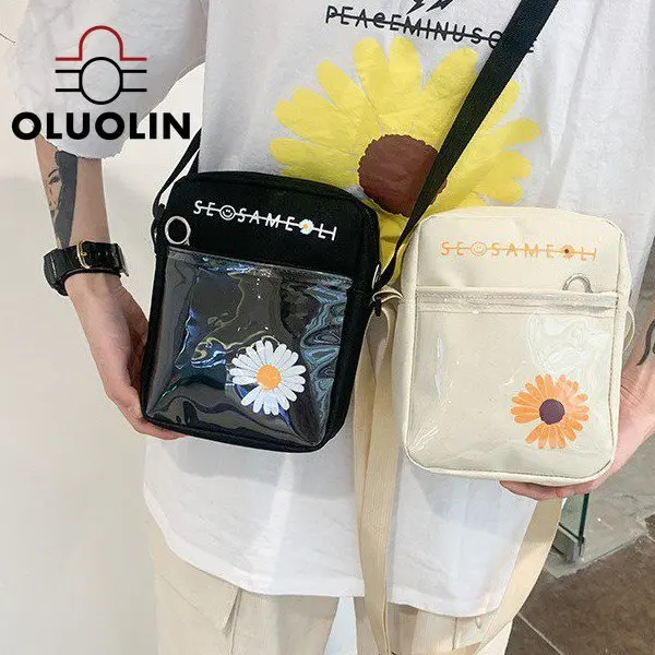 

Canvas Small Bag Handbag 2020 Cartoon Cute Floral Print Cloth Transparent Splicing Leisure Shoulder Crossbody Bag Street Outdoor