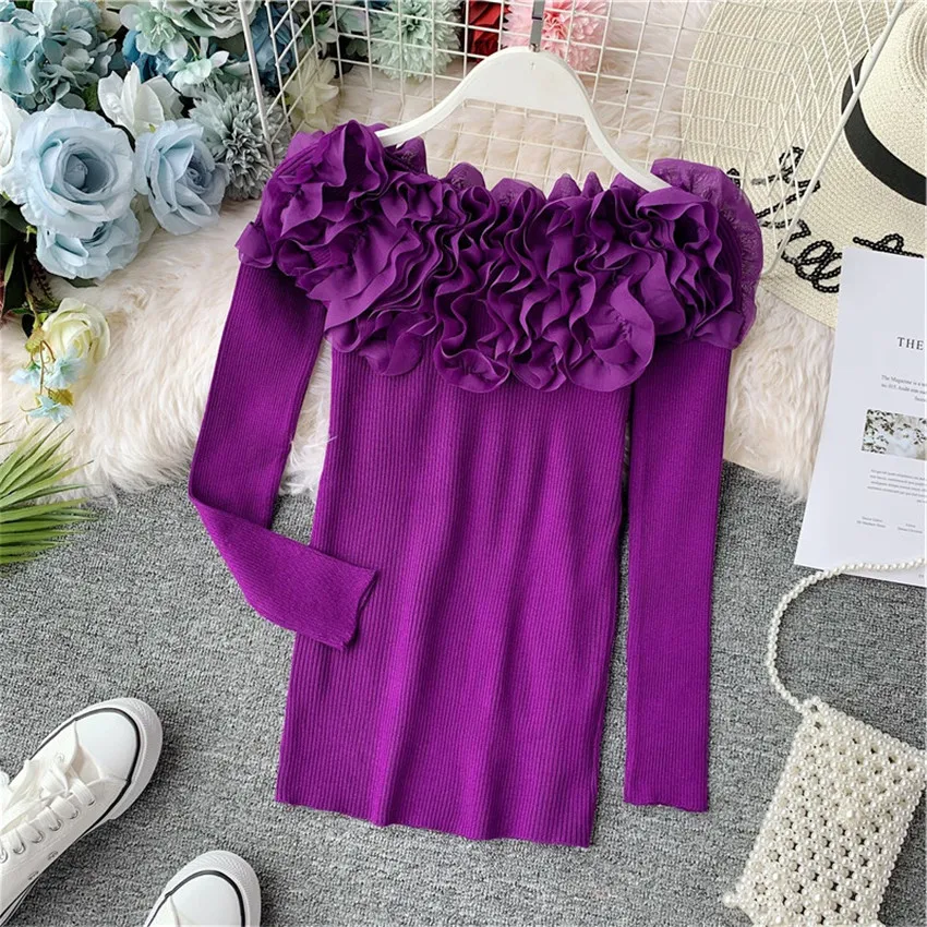 Designer Brand Ruffle 3d Floral Off Shoulder Sweater Women Long Sleeve Knitted Sweaters And Pullovers Slim Jumper Sueter Mujer | Женская