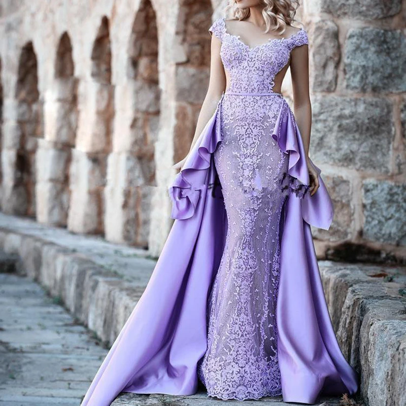 Lavender Lace Mermaid Evening Pageant Dresses 2022 with Overskirt Train Sexy Backless Trumpet Plus Size Prom Formal Party Gown