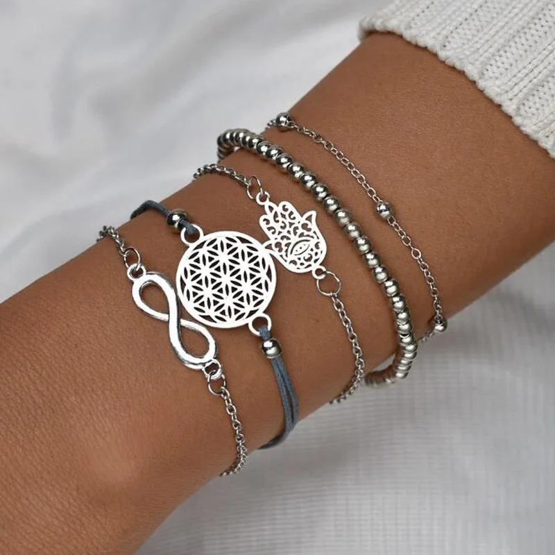 

2021 Boho Lucky 8 Silver Plated Beadeds Bracelet Set for Women Flower Chains Adjustable Bracelet Bangle Pulseiras Party Jewelry