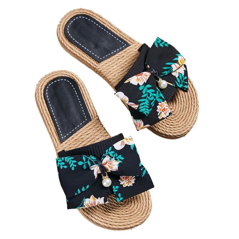 

Summer Flax Flower Plant Bow Slippers Women Casual Slides Multi-Style Non-Slip Home Slippers Indoor Shoes Female Sandals hy443
