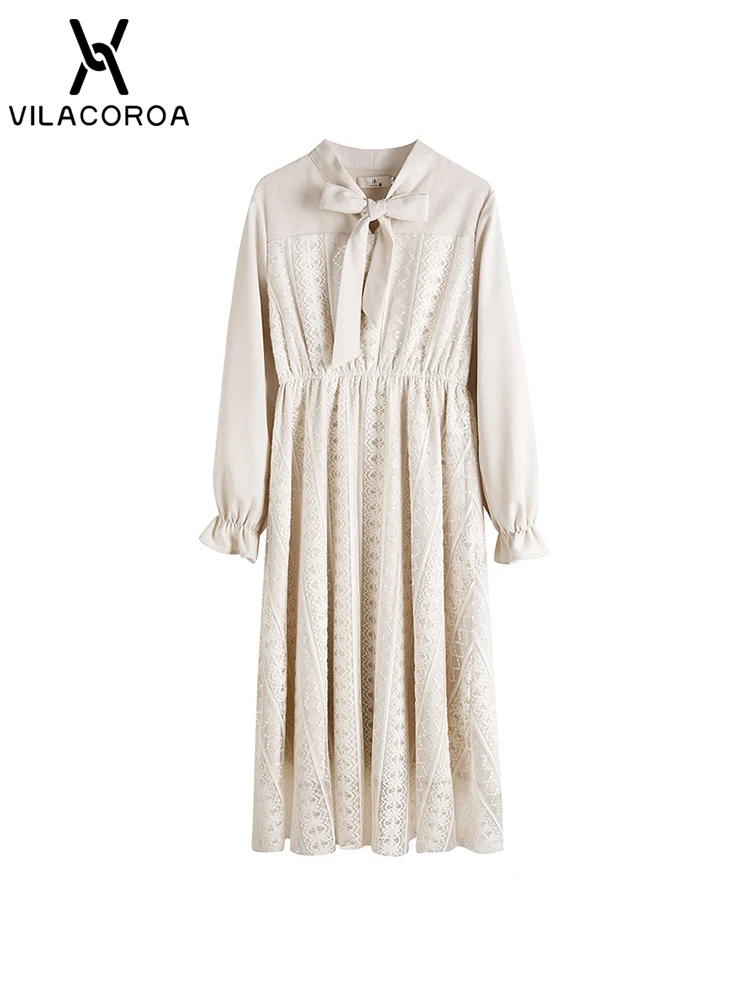 

Bowknot Lace-Up Long Sleeve Women's Dress Elegant Hollow Patchwork Skinny Female a Line Dress Sweet Comfortable Ruffled Dress