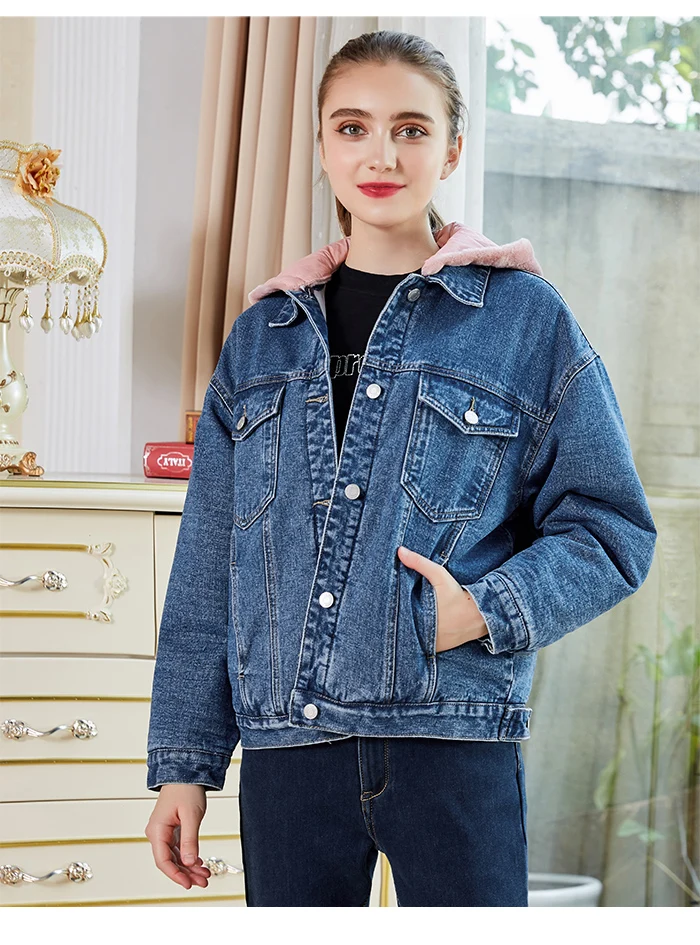 Женская джинсовая куртка с начесом LEIJIJEANS, теплая стильная куртка с розовым капюшоном, новая молодежная модель 9226R большого размера на зиму
