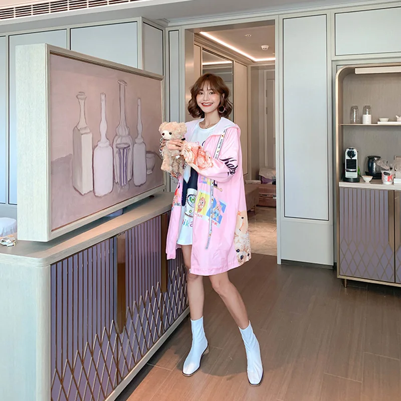 Модные женские длинные пальто с капюшоном принтом из мультфильма на осень 2020|Женские плащи и тренчи| |