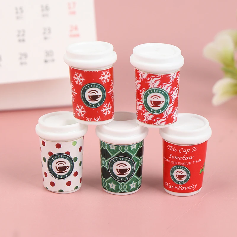 

5Pcs Doll House Resin Simulation Color Christmas Coffee Cup Drink Tea Cup Model Modelo De Taza De Café De Navidad