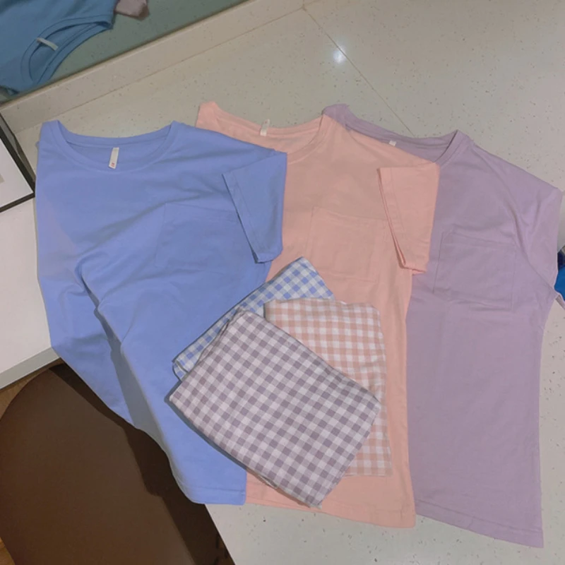 QWEEK Sleep Top and Plaid Pants Pajamas Girls Women Spring Summer 2021 Pyjamas  Short Sleeve Pijamas Round Neck Nightwear Sets