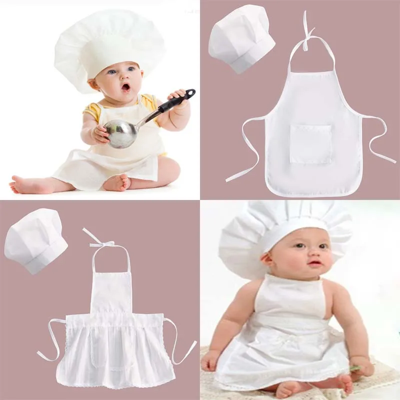 

2 Pcs Cute Baby Chef Apron and Hat Infant Kids White Cook Photos Costume Photography Prop Newborn Hat Apron Photoshoot Clothing