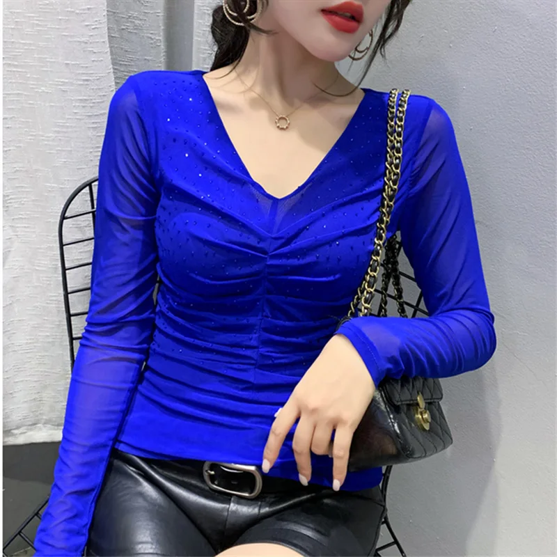 

#5636 Black Red Red Mesh T Shirt Women V Neck Thin Sexy Long Sleeve Women Casual Tee Shirts Femme Stretch Basic T Shirt For Girl