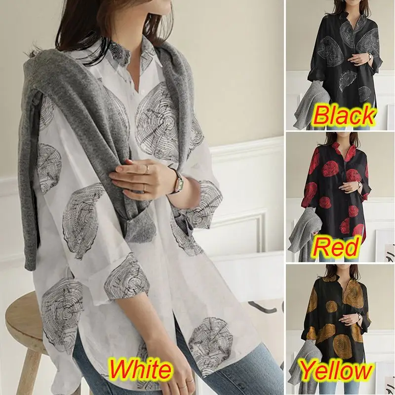 

Vintage Printed Women Blouse 2021 Spring Long Shirts Casual Ladies Loose Long Sleeve Tops Female Cotton Robe Tunic Blusas
