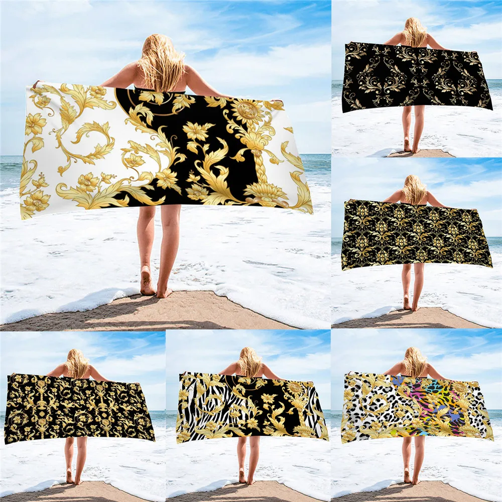 

Quick Dry Beach Towels European Baroque Golden Pattern Microfiber Bath Towels Swim Towels Sand Free Travel Poncho Toallas Playa