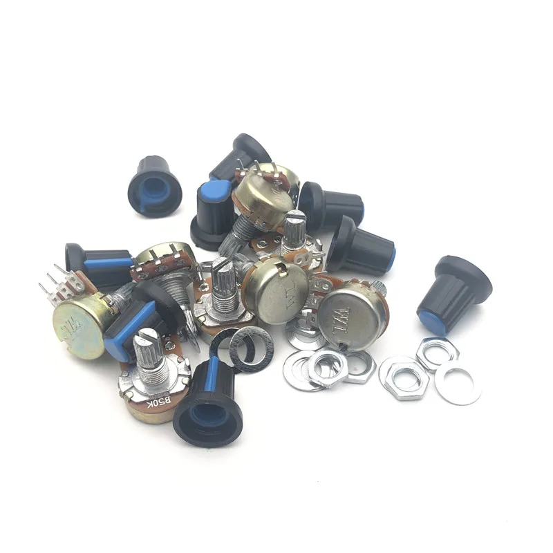 

9Pcs B1K/2K/5K/10K/20K/50K/100K/500K/1M Knurled Shaft Linear Rotary Taper Potentiometer with Knob, Nuts, Washers,Cap for Arduino