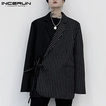INCERUN – Blazer rayé en Patchwork pour homme, manches longues, poches, manteaux décontractés, amples, élégants, 5XL, 2021  (3)