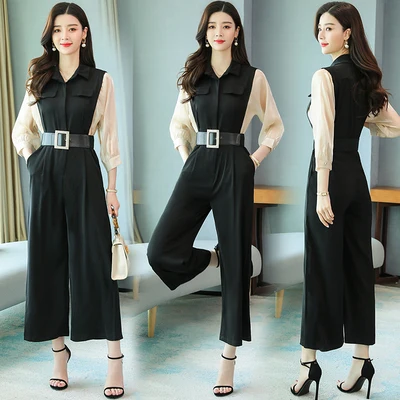 

Patchwork Jumpsuit Wide Leg Sashes One Piece Pants Combinaison Pantalon Femme Office Lady Rompers Womens Jumpsuit Salopette