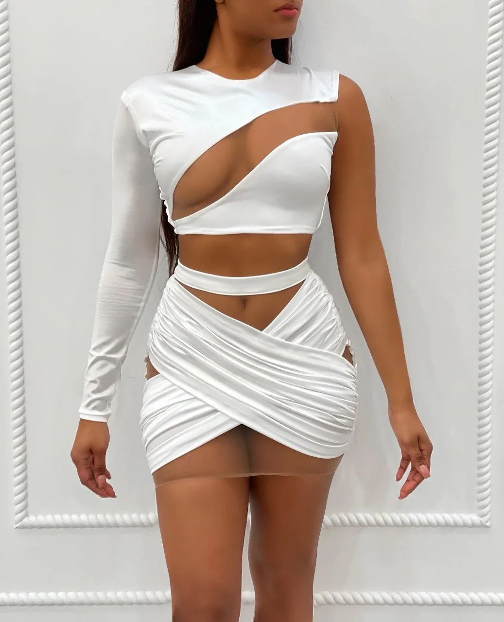 

Sexy Sheer Mesh Patchwork One Shoulder Sleeve Crop Top Bandage Mini Skirt Sexy Skinny Outfits Party Night Club Matching Set