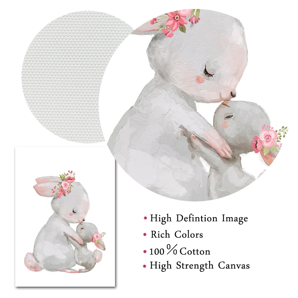 

Baby Rabbit Canvas Painting Animal Print Pink Balloon Flower Poster Cartoon Bunny Posters Nursery Wall Art Pictures Baby Room