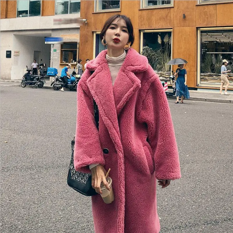 Rose Pink Новинка, женское модное пальто с натуральным овечьим мехом, однотонная куртка плюшевого цвета для отдыха, пальто - Цвет: Rose Pink