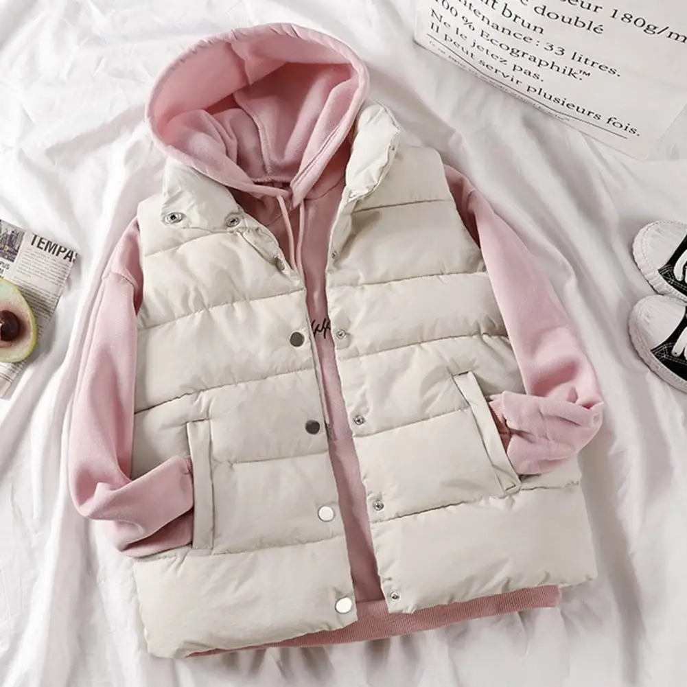 

Women Autumn Winter Sleeveless Waistcoat Pockets Buttons Down Vest Warm Coat