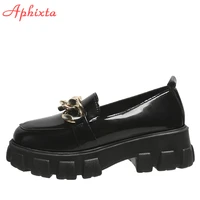 aphixta loafers flat with platform shoes women flats bling patent black chunky sole gold chain non slip students shoe