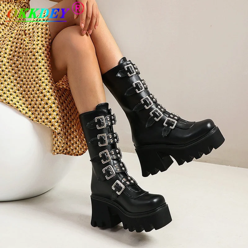 

2021 Winter New Punk Style Martin Boots Thick-soled Women's Motorcycle Boots Fashion Rivet Buckle Black Gothic Style Botas Mujer