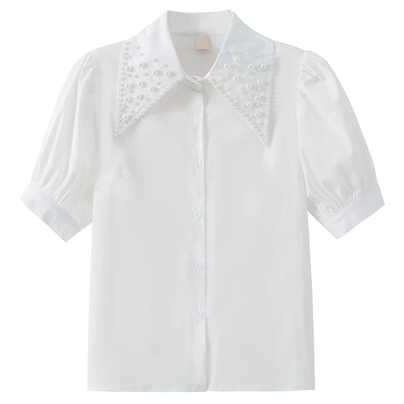 

2021 Korean Chic Turndown Collar White Blouse Lady Fashion Beaded Tops Women Vintage Office Ladies Shirts Cardigan Blouses