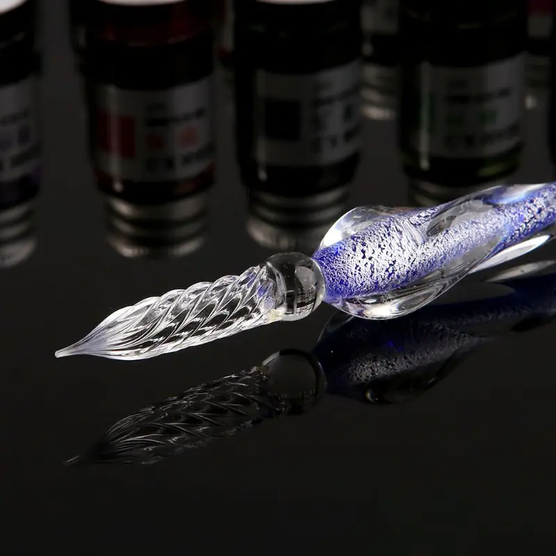 

12 Colors Bottled Dip Glass Pen Ink With 1Pc Blue Fountain Dip Writing Signature Pen Art Supplies Gifts