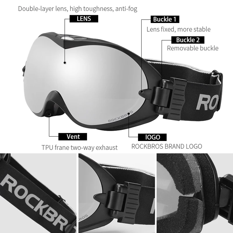ROCKBROS Анти-туман лыжные очки двухслойные лыжные очки UV400 сноуборд очки PC объектив большая маска лыжные Мужские Женские очки дети