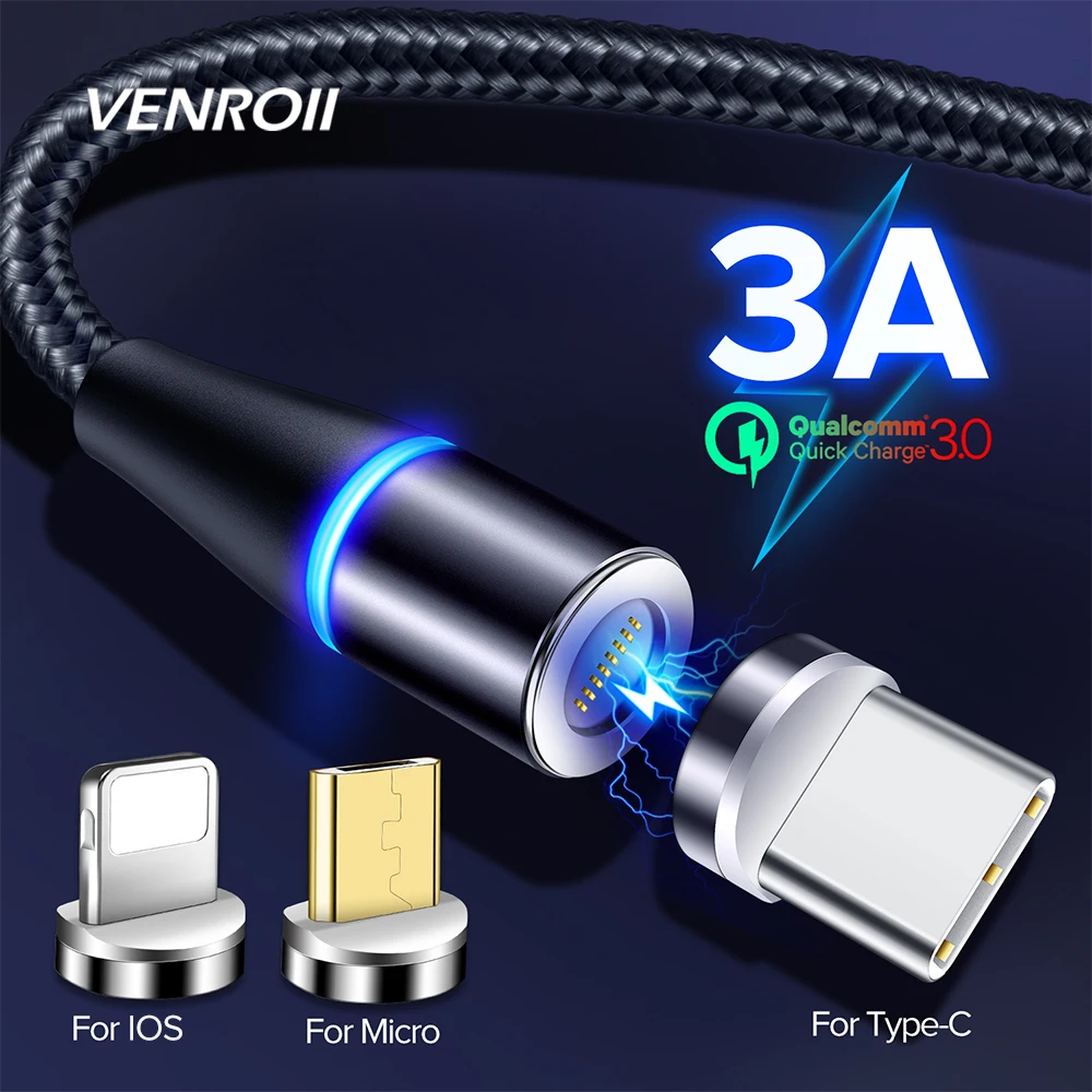 Venroii 1 м 2 м Быстрый Магнитный кабель 3 А Быстрая зарядка 3,0 микро USB зарядное устройство type C Зарядка для samsung S9 Xiaomi Магнитный шнур для телефона